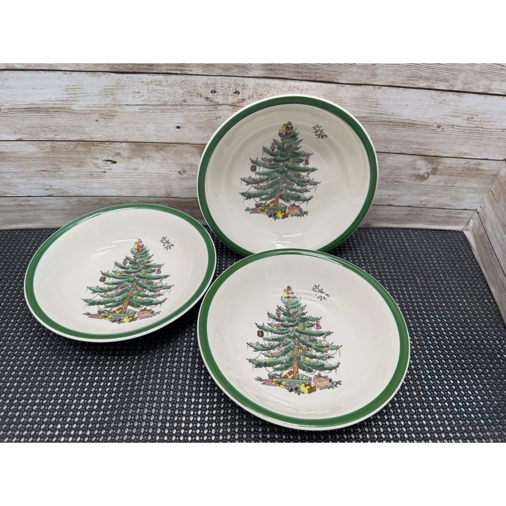 VTG SPODE Christmas Tree Set Of 3 Cereal Bowls Green Rim ENGLAND  6.25"